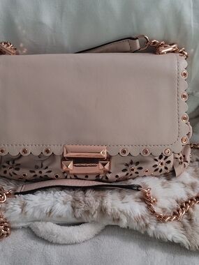 Michael Kors Blush Pink Crossbody Bag w/ Rose Gold Chain – Floral Cutout Detail